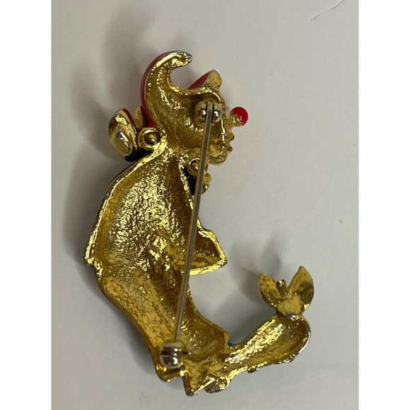 VINTAGE Enamel Clown Jester Brooch Pin Red Nose Gold Tone Funny Unique - Picture 8 of 8